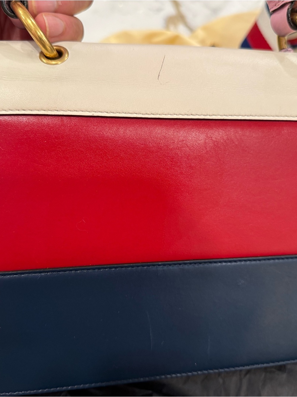 Gucci Tricolor Leather Top Handle Bag with Bee Accent - Pink, White, Red, Navy - Picture 10 of 14